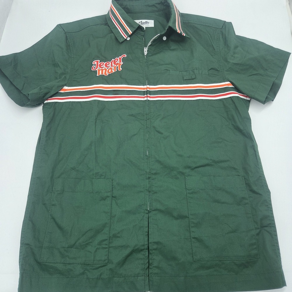 Jeeter Mart Mens Green Zip Up Work Shirt Short Sleeve Embroidered Size Small